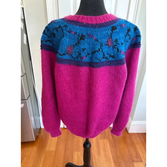 Vtg Manos Del Uruguay Handknit Wool Cardigan Sweater Fuchsia Blue L - Picture 7 of 10